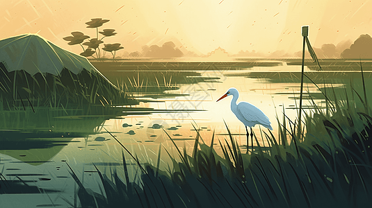 一只雄伟的白鹭栖息在湿地图片