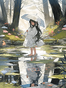 春雨时节拿着雨伞的可爱小女孩图片