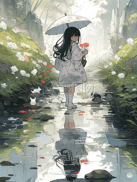 春雨时节在花丛里的小女孩图片
