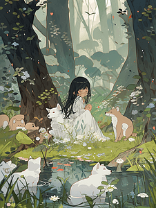 春天森林小女孩坐在草地上与动物嬉戏图片