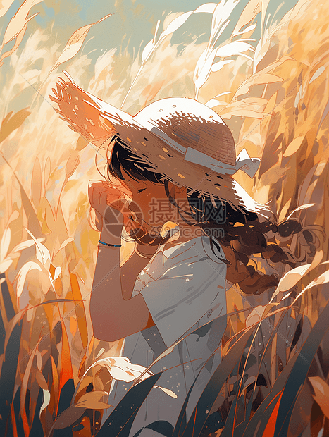 在麦田抱着小麦的小女孩图片