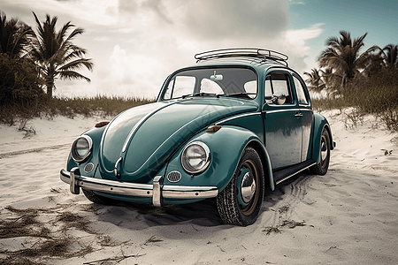 海滩上的老式汽车高清图片