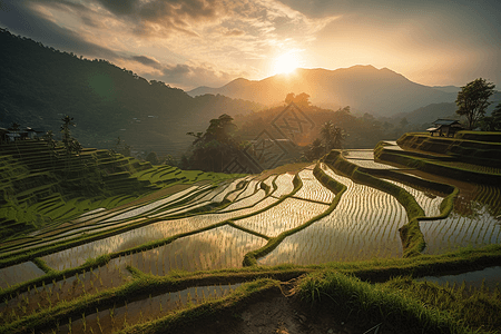 日出的稻田图片