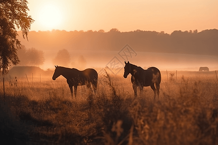 太阳光下的两匹马图片