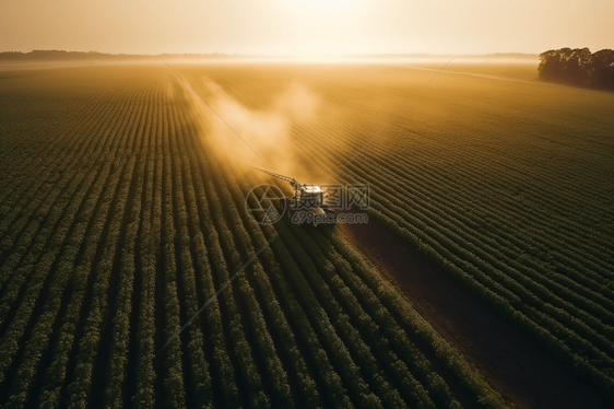 拖拉机在日落时向绿色大豆种植园喷洒农药图片