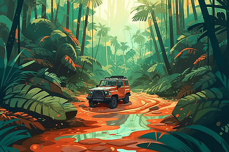 在丛林中探险的越野车图片