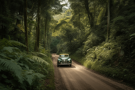 穿越雨林小路的跑车图片