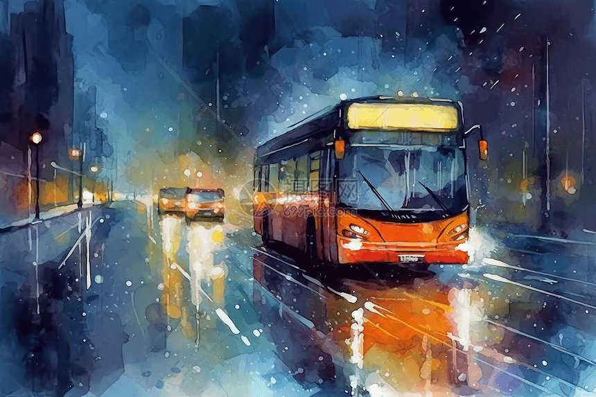 公交车行驶在雨天的街道图片