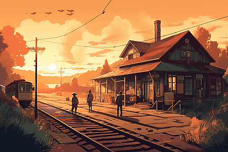 日落时的小村庄火车站插图图片