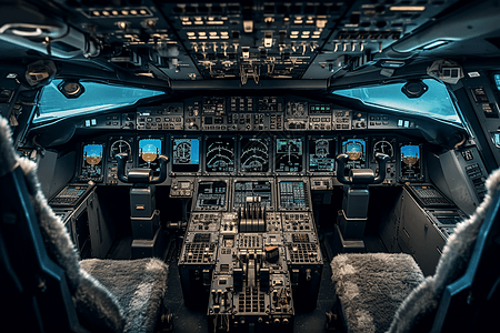 飞机驾驶舱的内部充满了屏幕和控制装置图片