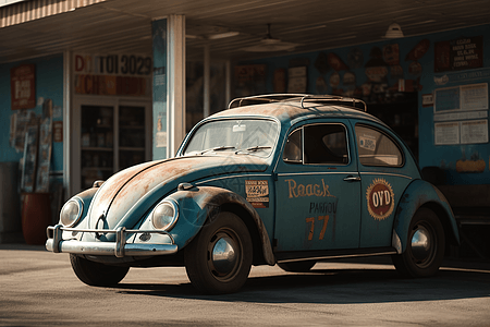 甲壳虫汽车停在旧加油站前高清图片