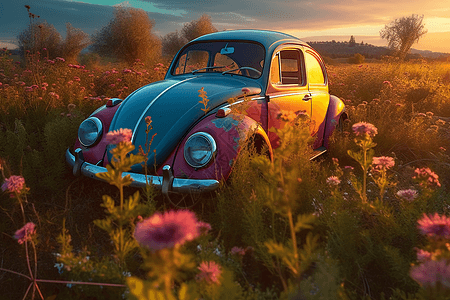 花朵的鲜艳色彩与汽车的经典设计相辅相成图片