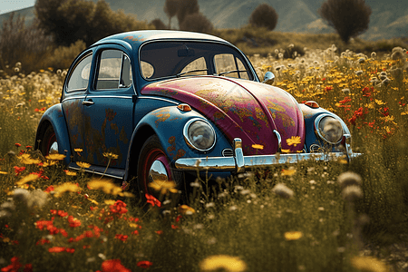 甲壳虫汽车停在野花的田野里高清图片
