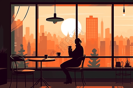 一个人喝咖啡咖啡厅悠闲的人插画