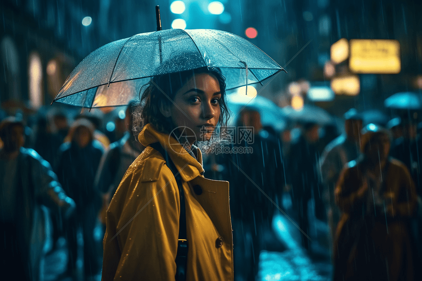 雨天打着雨伞的美女在城市中图片