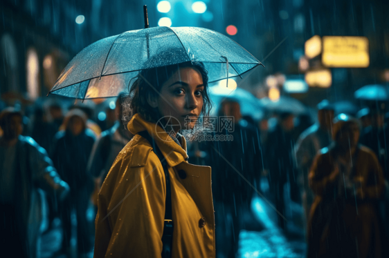 雨天打着雨伞的美女在城市中图片