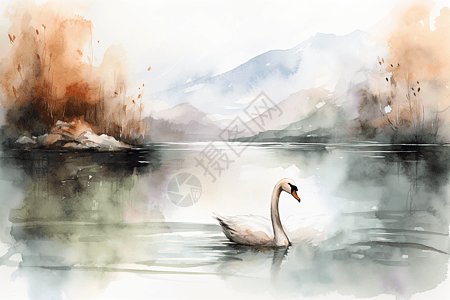 水墨手绘湖中的天鹅图片