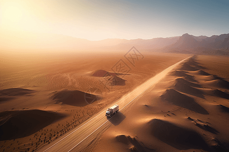 卡车在广阔的沙漠中行驶图片
