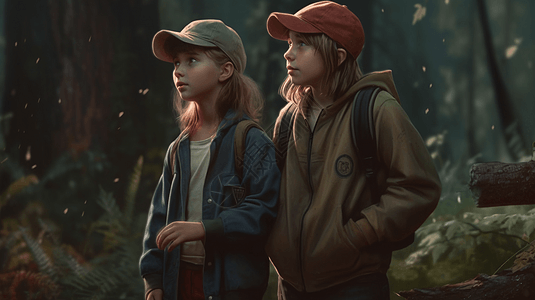 女孩和男孩在森林里探险背景图片