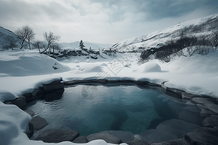 被雪包围的温泉池高清图片