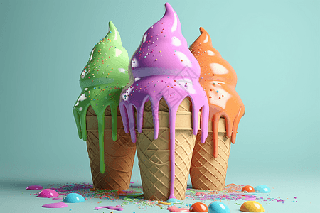 滴满的三个五颜六色的冰淇淋甜筒图片