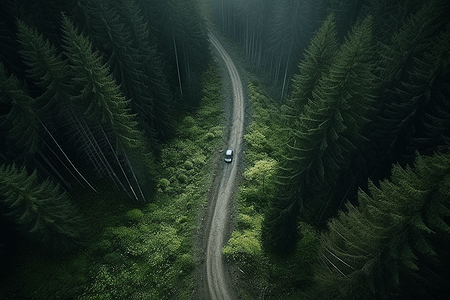 一辆自动驾驶汽车在茂密的森林中航行图片