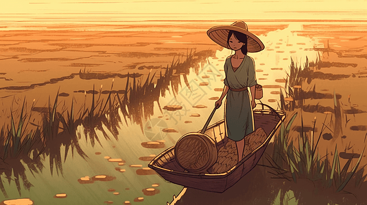 年轻的女孩坐着小船在稻田中图片