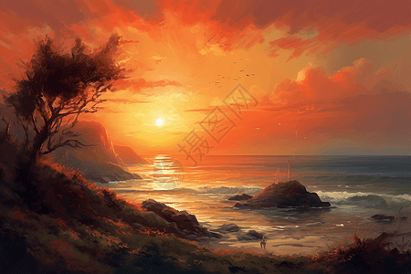 夕阳海岸风景画图片