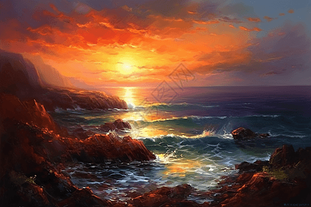 油画风格海岸日落高清图片