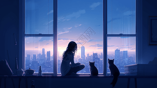 清晨飘窗上女孩和猫剪影图片