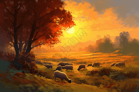 日落时放牧的绵羊图片