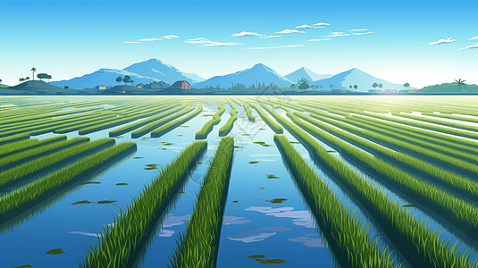 平静的水中反射的稻田图片