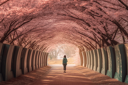 学生走过盛开的樱花大道图片