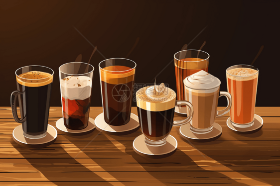 桌子上不同类型的咖啡饮料图片