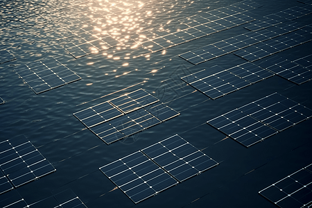 安装在湖上的一组太阳能电池板图片
