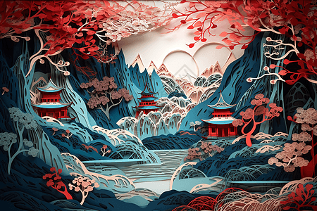 中国风纸雕美景图片