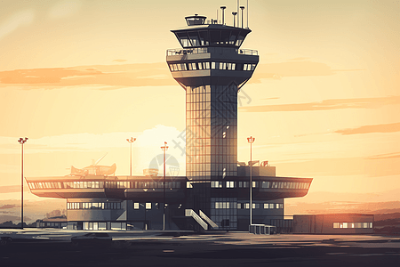 日出的机场控制塔背景图片