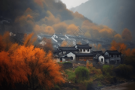 秋天村庄村庄景色设计图片