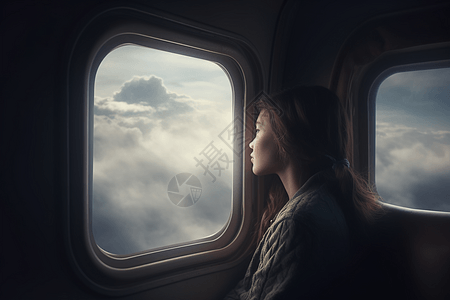 一个女孩正在看机舱外的风景图片