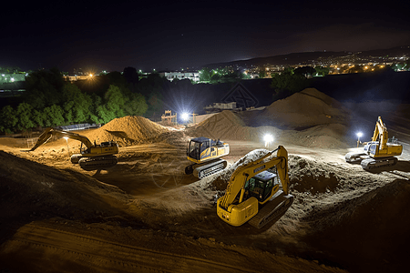 夜间工地夜间建筑工地工作中的挖掘机背景