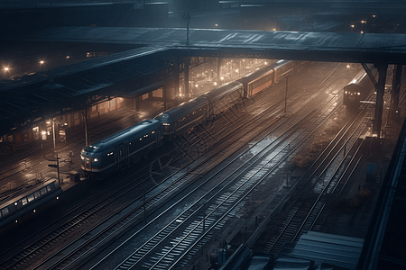 黑夜里的火车站铁轨图片
