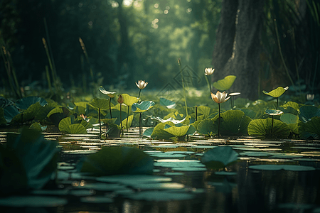 植物夏天插画夏天美丽池塘荷花背景