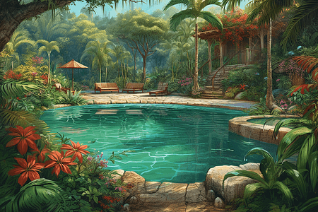热带雨林内的泳池背景图片