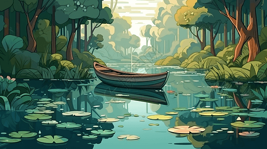 夏季小木船停在池塘上图片