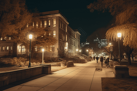 走在夜间大学马路上图片