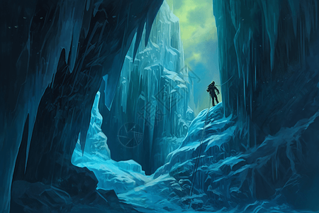 攀冰者在夜间登上冰冻瀑布背景图片
