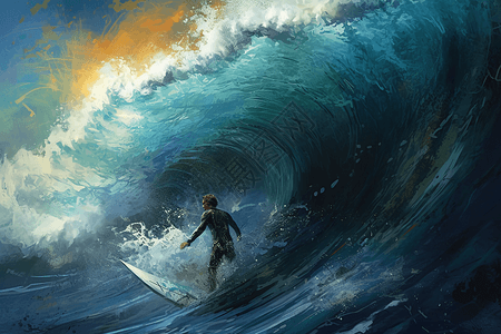 一幅冲浪者骑巨浪的画背景图片