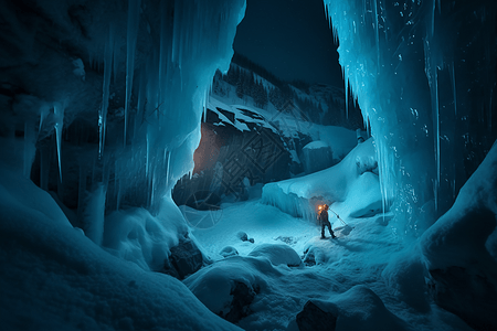 夜间登上冰冻瀑布的登山者背景图片