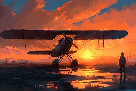日落的夕阳和飞机图片