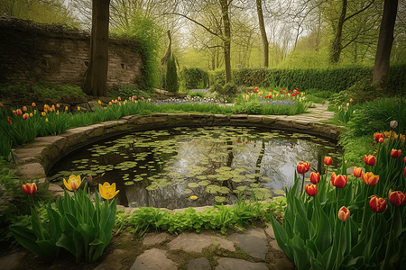 带池塘的郁金香花园图片